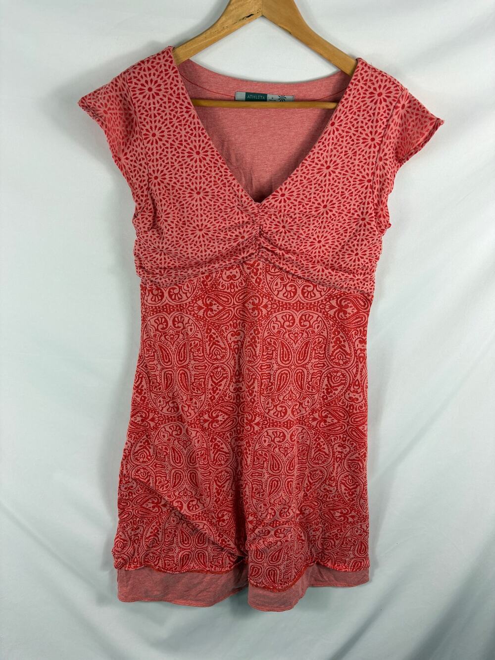 Athleta Patterned Orange V Neck Short Sleeve Dress Size Medium